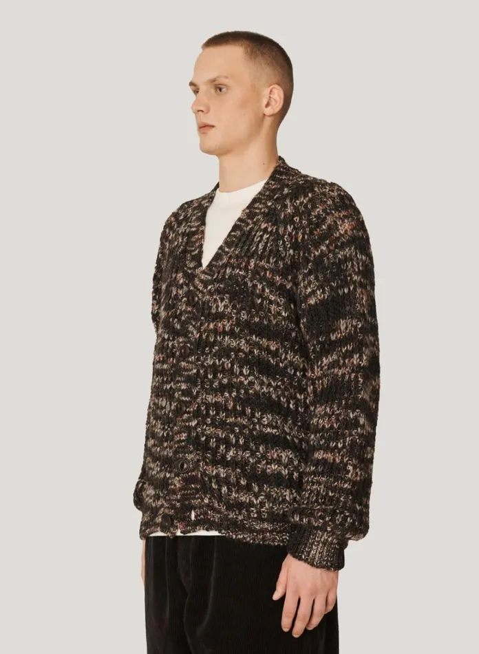 Mens Knitwear YMC Kurt Space Dyed Cardigan Black Multi