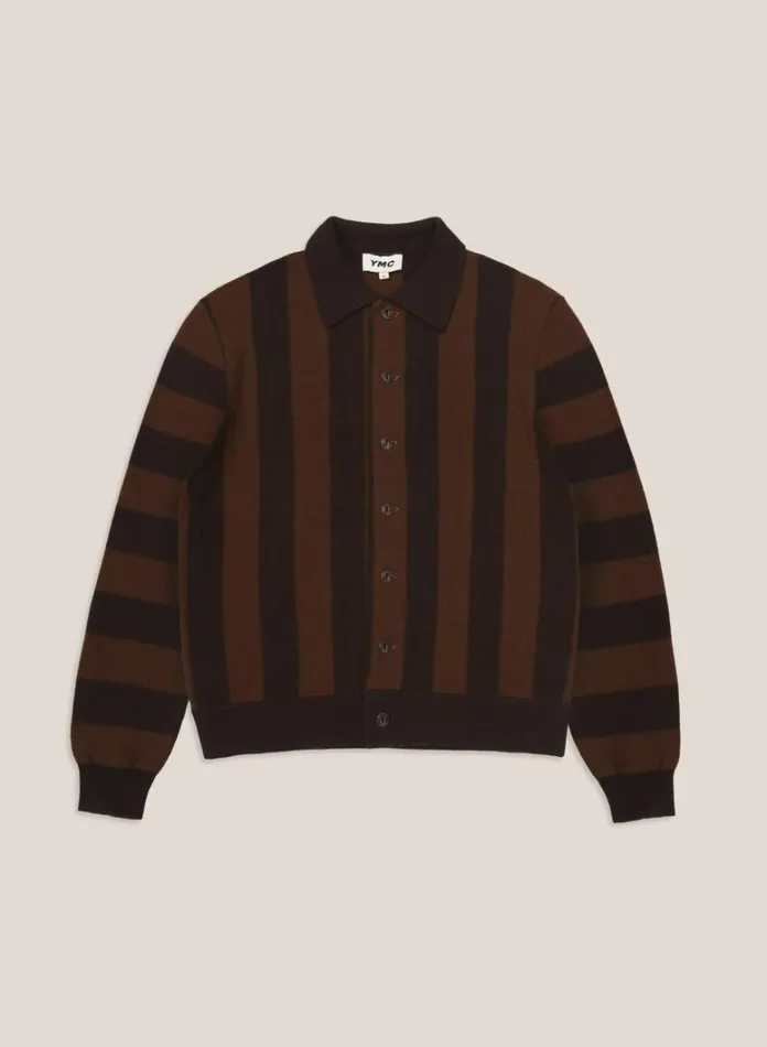 Mens Knitwear YMC Rat Pack Stripe Pique Wool Cardigan Brown
