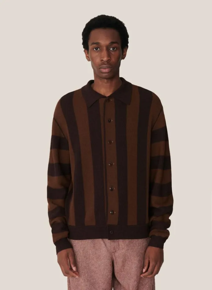 Mens Knitwear YMC Rat Pack Stripe Pique Wool Cardigan Brown