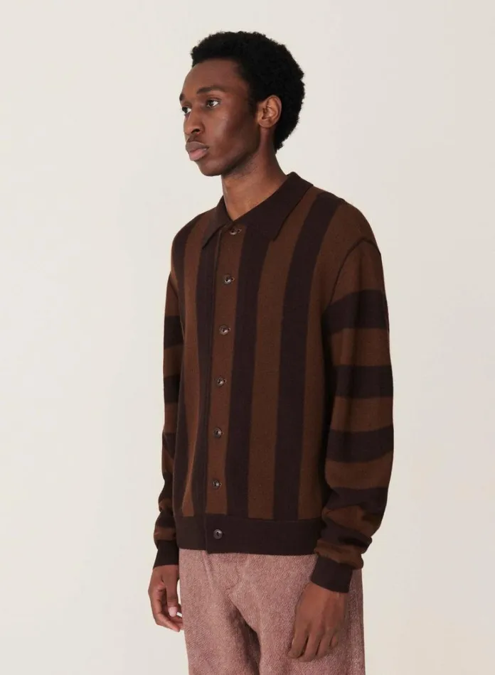 Mens Knitwear YMC Rat Pack Stripe Pique Wool Cardigan Brown