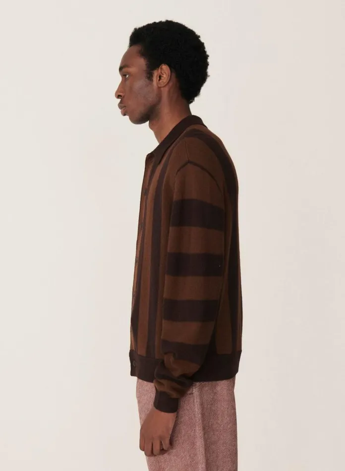 Mens Knitwear YMC Rat Pack Stripe Pique Wool Cardigan Brown