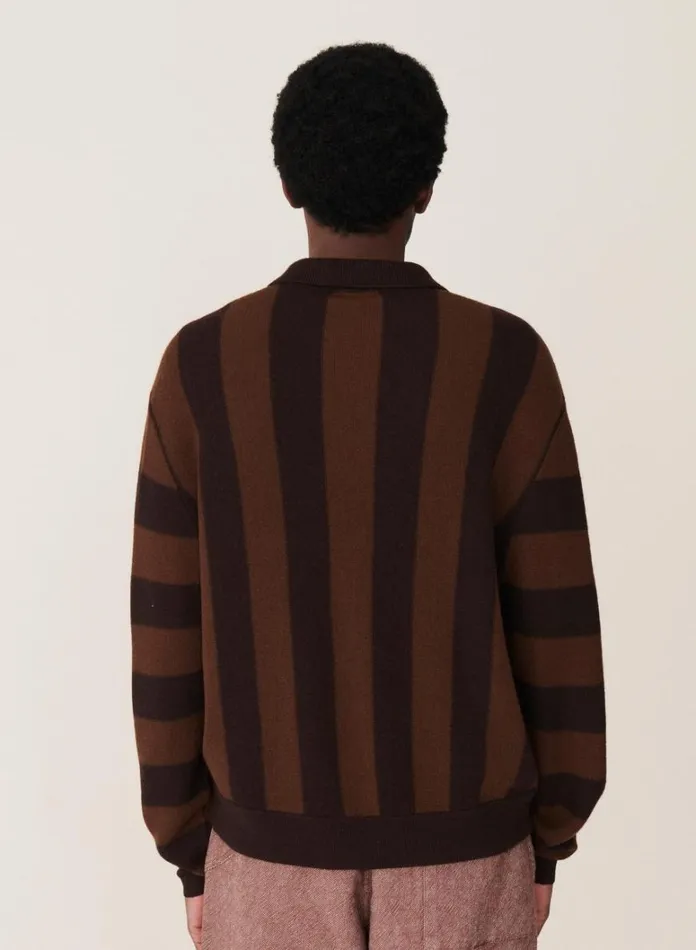 Mens Knitwear YMC Rat Pack Stripe Pique Wool Cardigan Brown