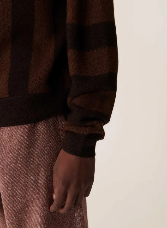 Mens Knitwear YMC Rat Pack Stripe Pique Wool Cardigan Brown