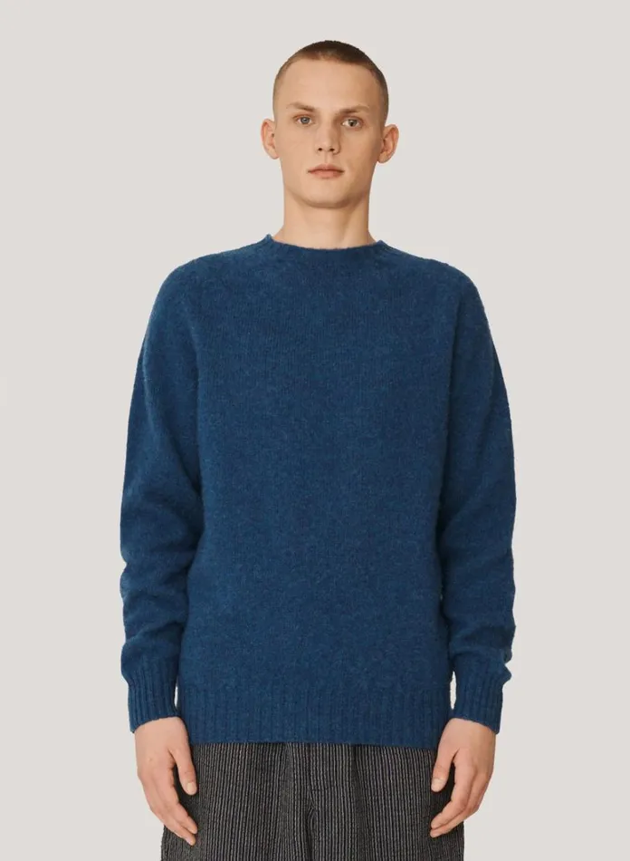 Mens Knitwear YMC Suedehead Crew Neck Jumper Blue