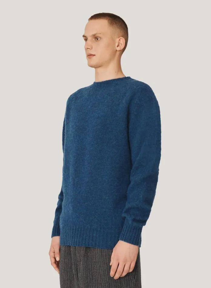 Mens Knitwear YMC Suedehead Crew Neck Jumper Blue