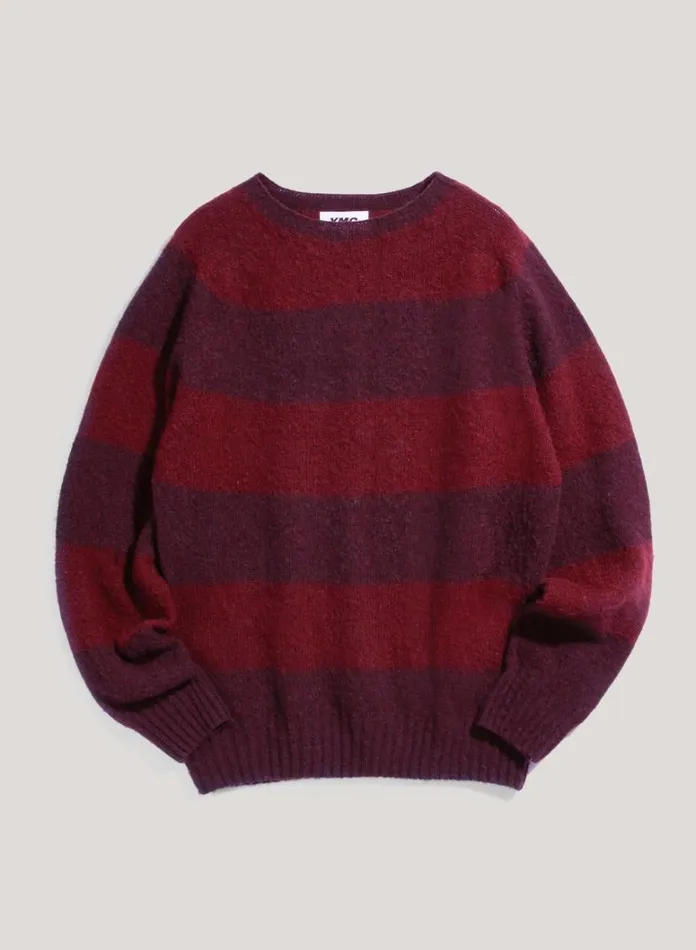 Mens Knitwear YMC Suedehead Stripe Crew Neck Jumper Burgundy