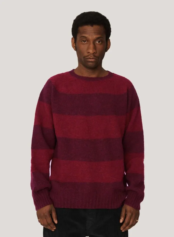Mens Knitwear YMC Suedehead Stripe Crew Neck Jumper Burgundy