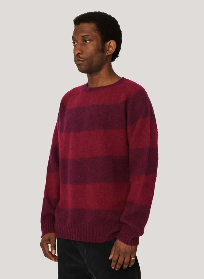 Mens Knitwear YMC Suedehead Stripe Crew Neck Jumper Burgundy