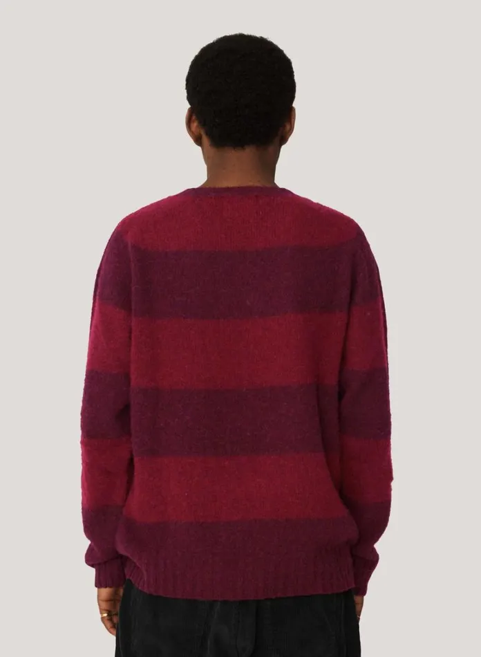 Mens Knitwear YMC Suedehead Stripe Crew Neck Jumper Burgundy