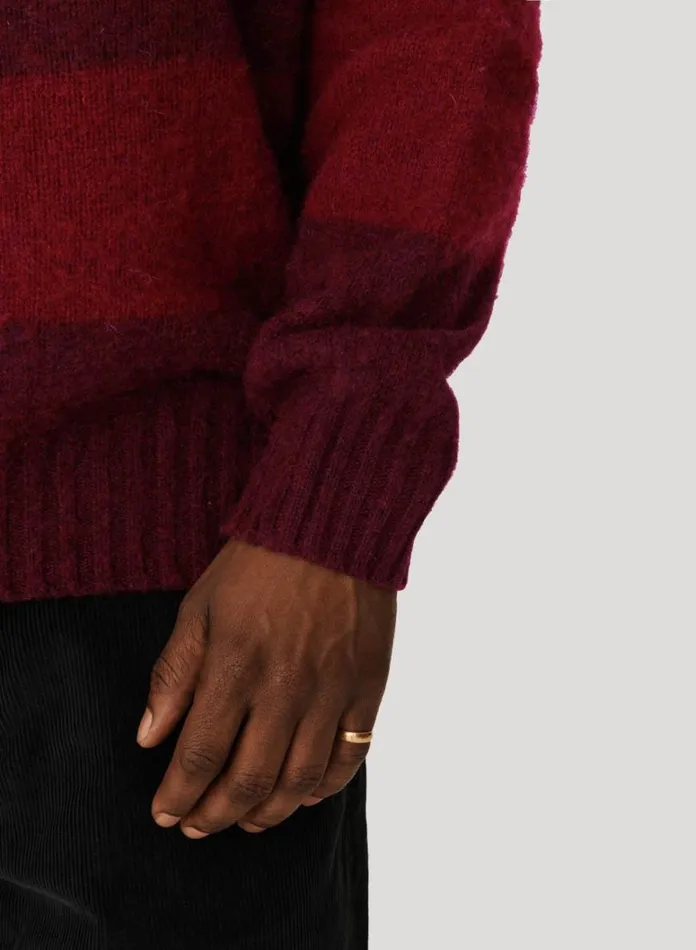 Mens Knitwear YMC Suedehead Stripe Crew Neck Jumper Burgundy