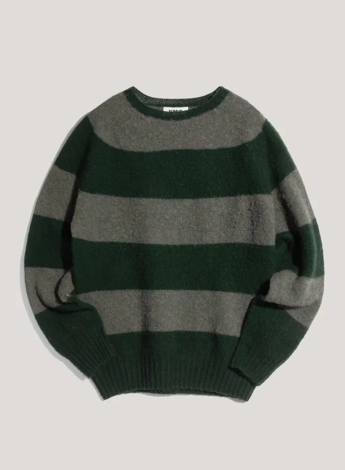 Mens Knitwear YMC Suedehead Stripe Crew Neck Jumper Green