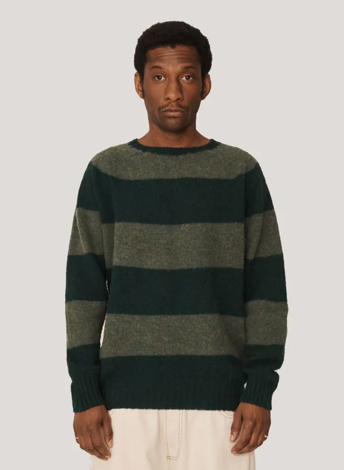 Mens Knitwear YMC Suedehead Stripe Crew Neck Jumper Green
