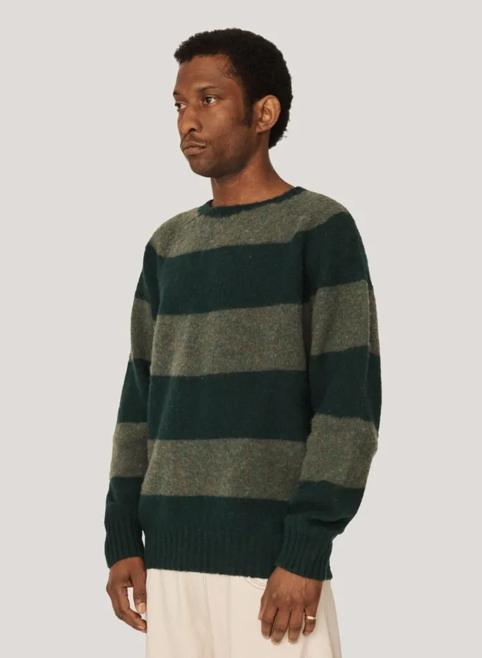 Mens Knitwear YMC Suedehead Stripe Crew Neck Jumper Green