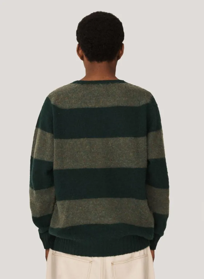 Mens Knitwear YMC Suedehead Stripe Crew Neck Jumper Green