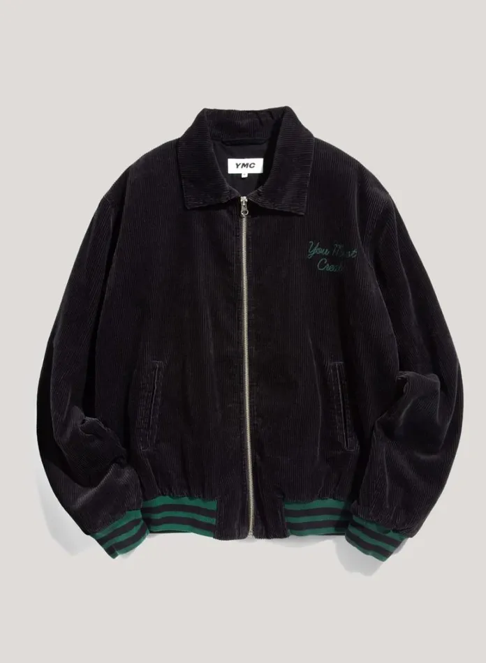 Mens Outerwear YMC Jets Embroidered Corduroy Baseball Jacket Black