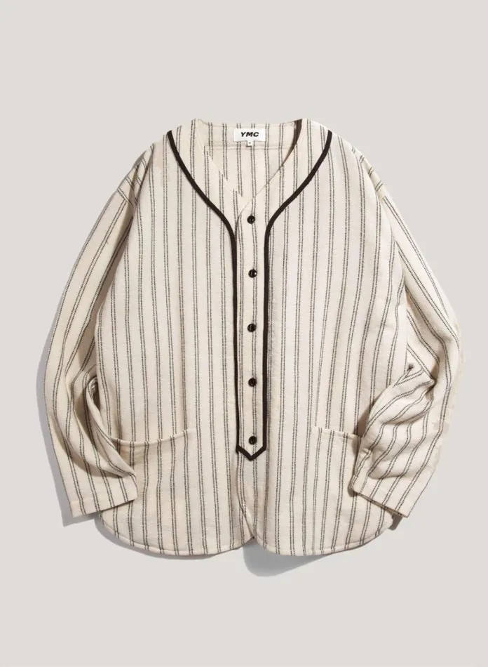Mens Shirts YMC Baseball Wool Stripe Shirt Ecru