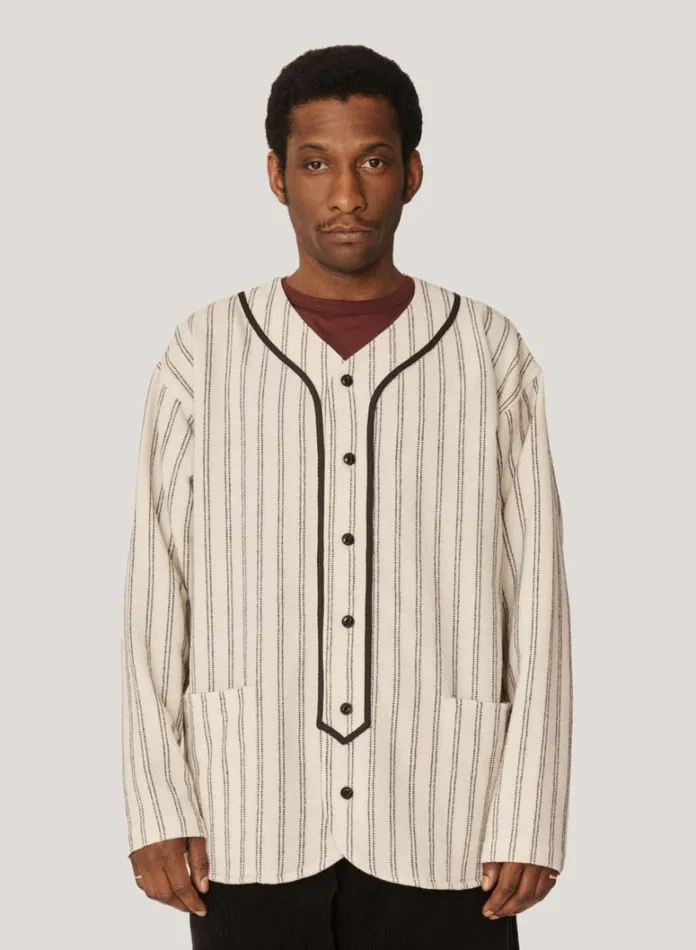 Mens Shirts YMC Baseball Wool Stripe Shirt Ecru