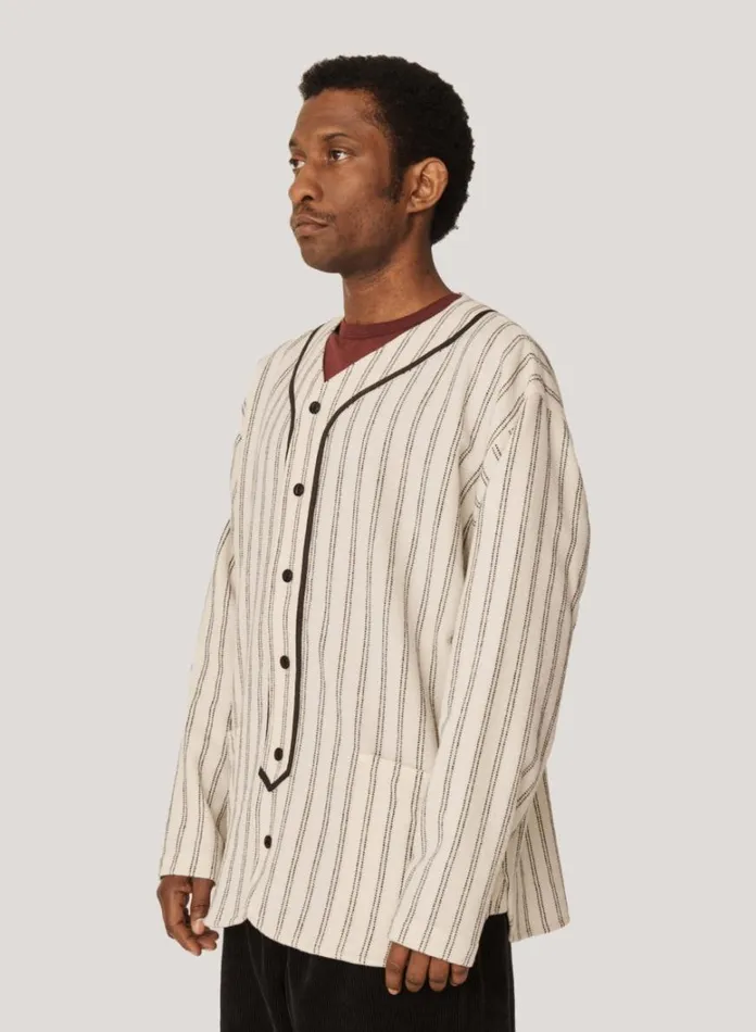 Mens Shirts YMC Baseball Wool Stripe Shirt Ecru