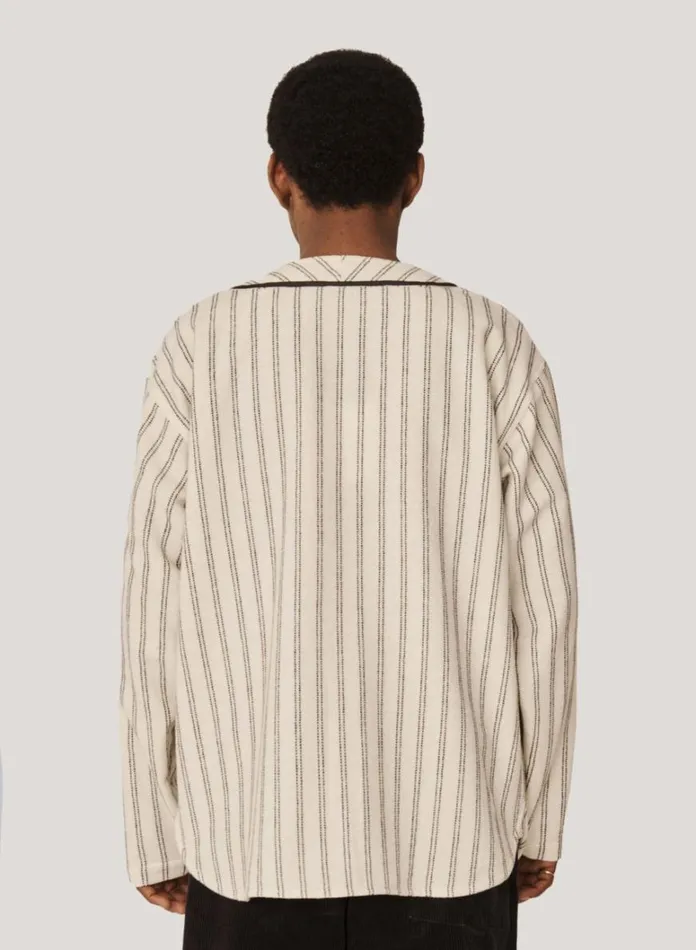 Mens Shirts YMC Baseball Wool Stripe Shirt Ecru