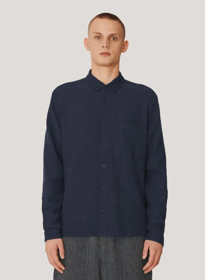 Mens Shirts YMC Dean Seersucker Shirt Navy