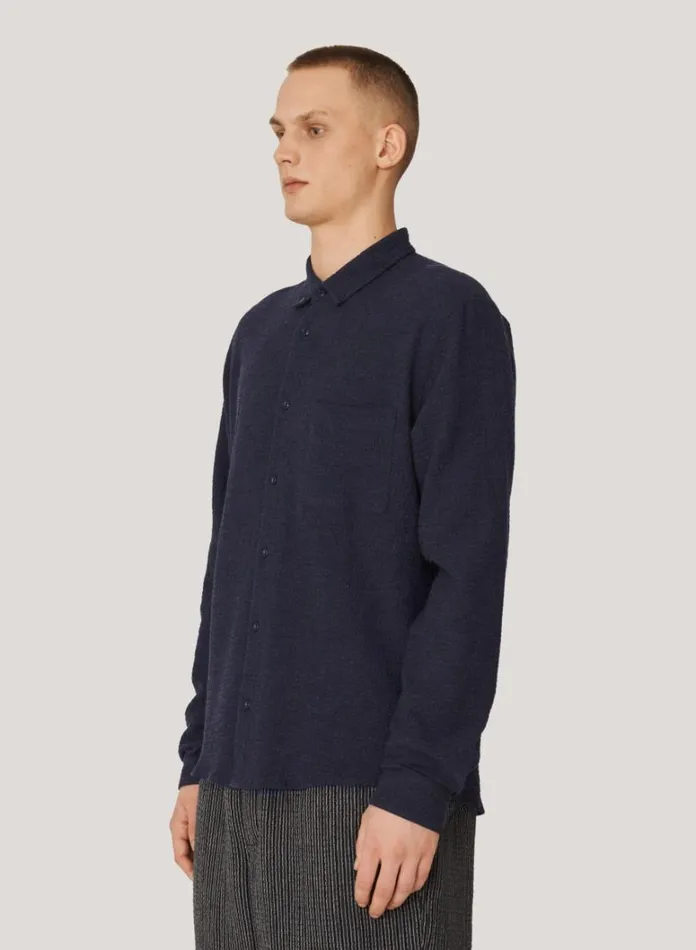 Mens Shirts YMC Dean Seersucker Shirt Navy