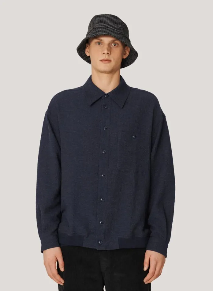 Mens Shirts YMC Gaucho Seersucker Overshirt Navy