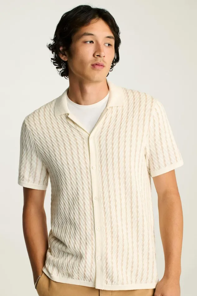 Men Seasonal Sweaters Bonobos Hudson Cabana Sweater Polo Ivory Cotton Cashmere Stripe