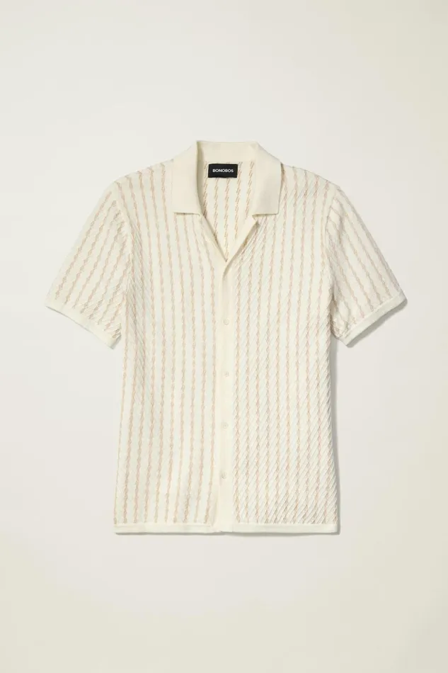 Men Seasonal Sweaters Bonobos Hudson Cabana Sweater Polo Ivory Cotton Cashmere Stripe