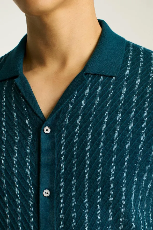 Men Seasonal Sweaters Bonobos Hudson Cabana Sweater Polo Teal Cotton Cashmere Stripe