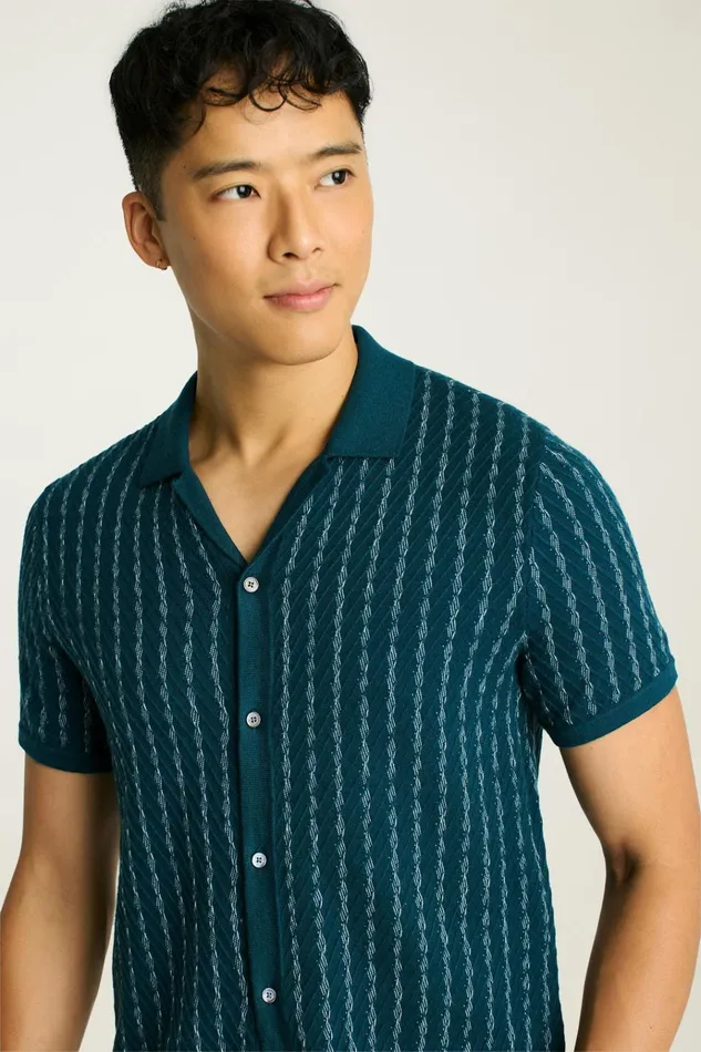Men Seasonal Sweaters Bonobos Hudson Cabana Sweater Polo Teal Cotton Cashmere Stripe