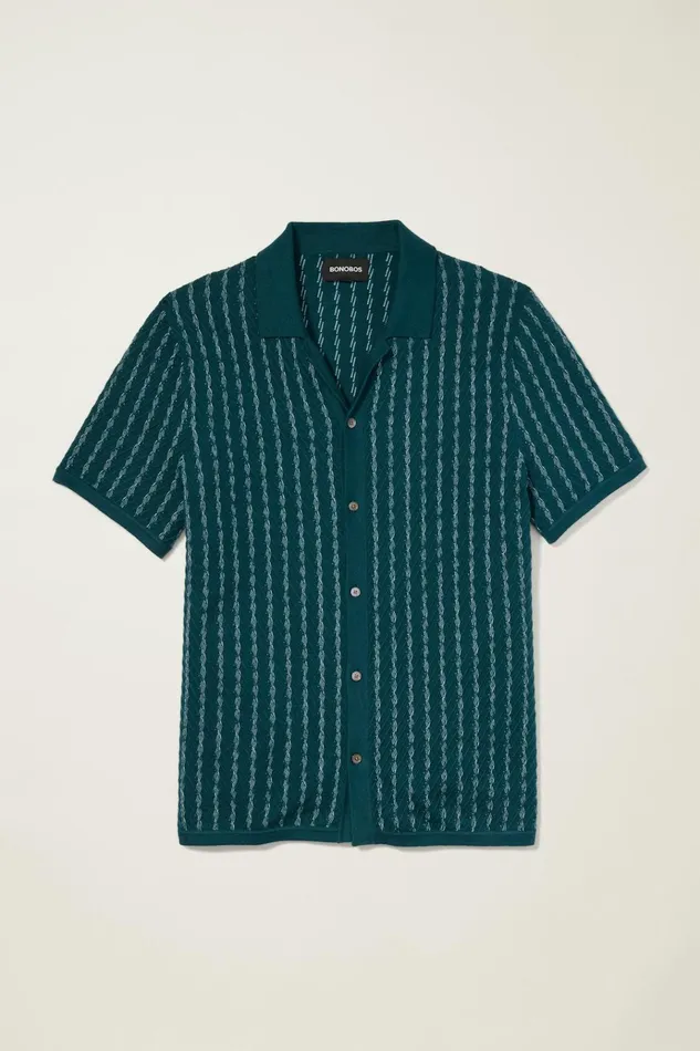 Men Seasonal Sweaters Bonobos Hudson Cabana Sweater Polo Teal Cotton Cashmere Stripe