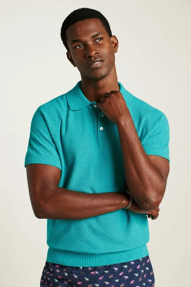 Men Seasonal Sweaters Bonobos Hudson Italian Sweater Polo Turquoise Cotton Blend Terry