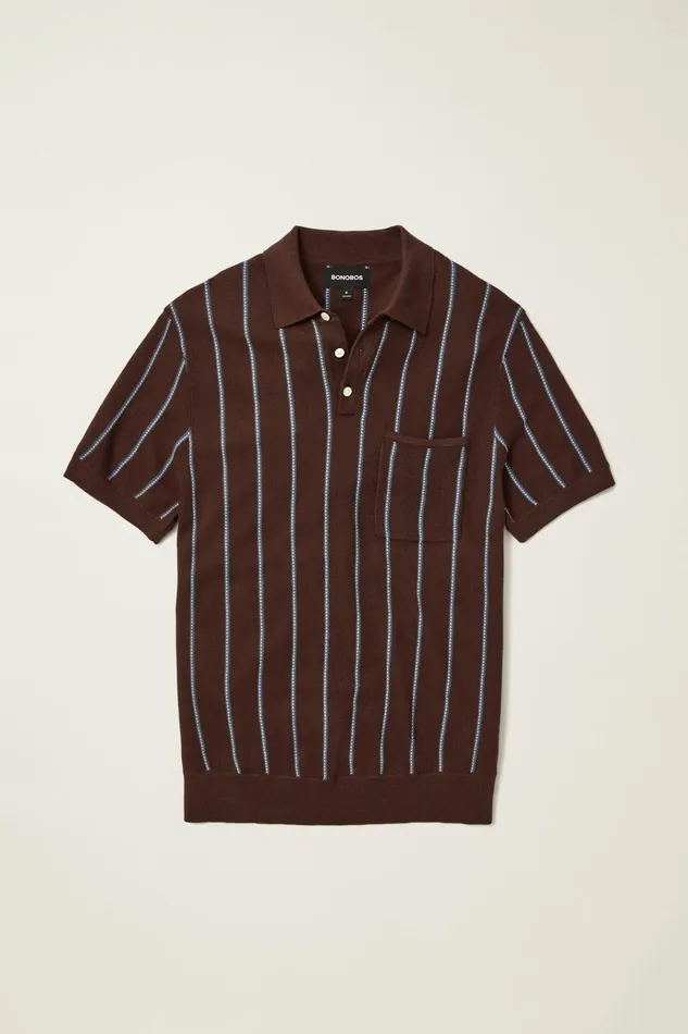 Men Seasonal Sweaters Bonobos Hudson Sweater Polo Brown Cotton Stripe