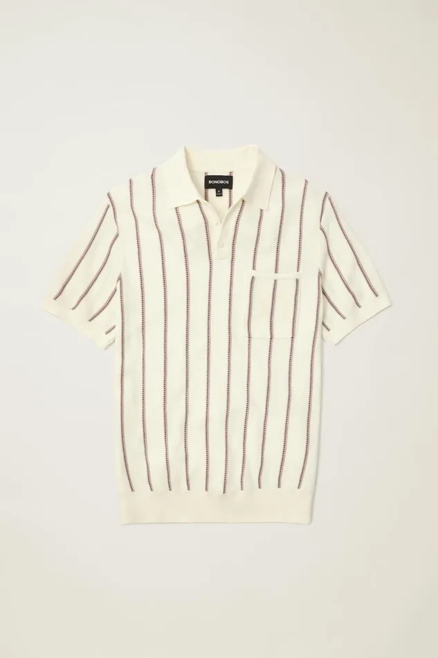 Men Seasonal Sweaters Bonobos Hudson Sweater Polo Ivory Cotton Stripe