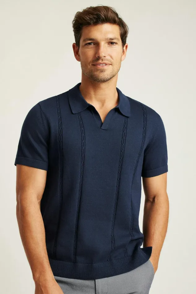 Men Seasonal Sweaters Bonobos Hudson Sweater Polo Navy Cotton Cable