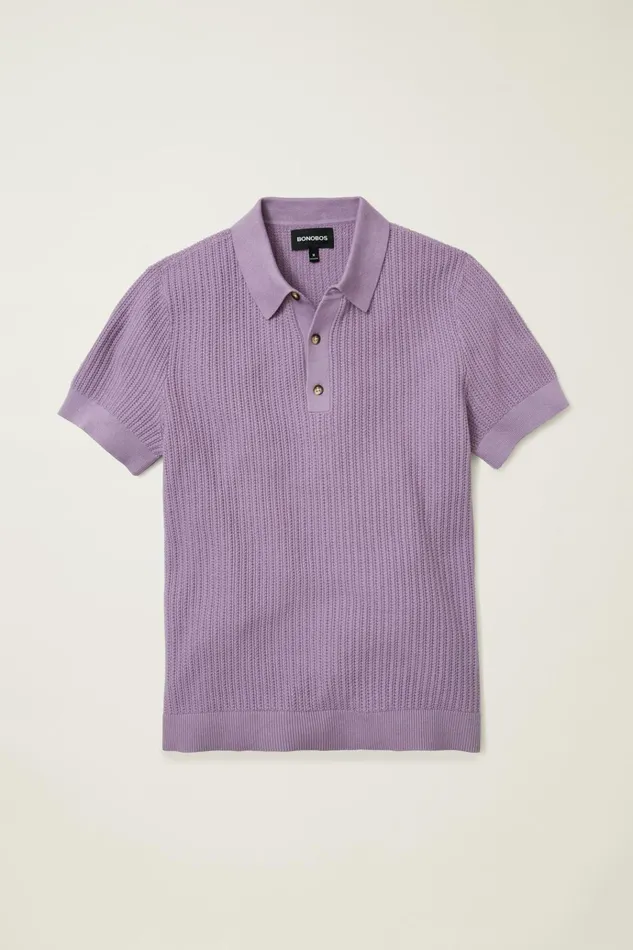 Men Seasonal Sweaters Bonobos Hudson Sweater Polo Purple Cotton Open Stitch
