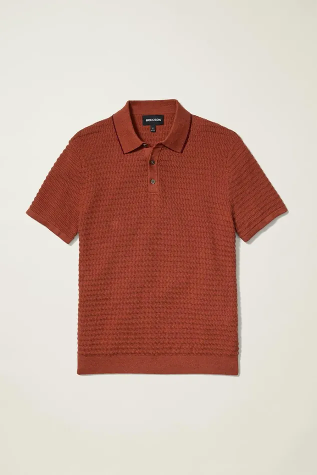 Men Seasonal Sweaters Bonobos Hudson Sweater Polo Rust Cotton Cashmere Stripe