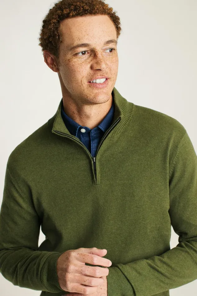 Men Seasonal Sweaters Bonobos Washable Cotton Cashmere HalfZip Olive Green