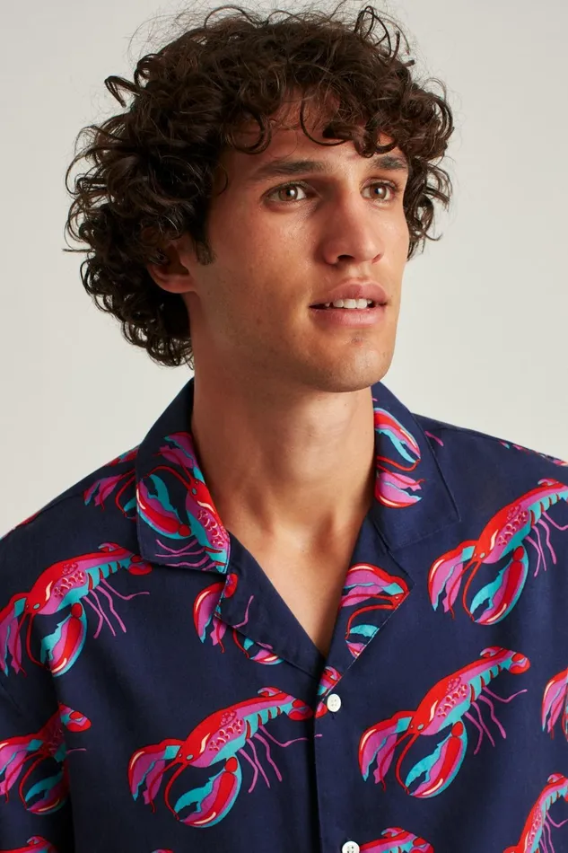 Men Short Sleeve Shirts Bonobos Relaxed Fit Camp Collar Shirt Lobsters On A Roll