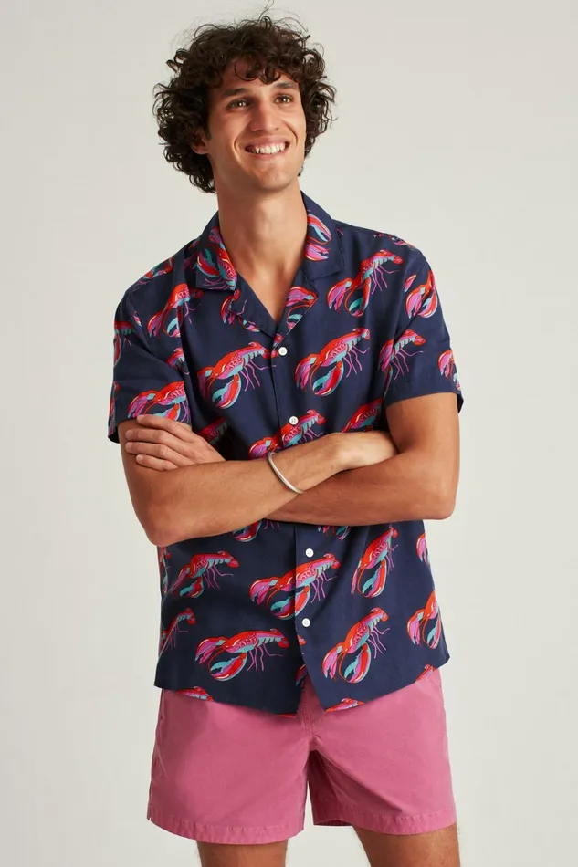 Men Short Sleeve Shirts Bonobos Relaxed Fit Camp Collar Shirt Lobsters On A Roll