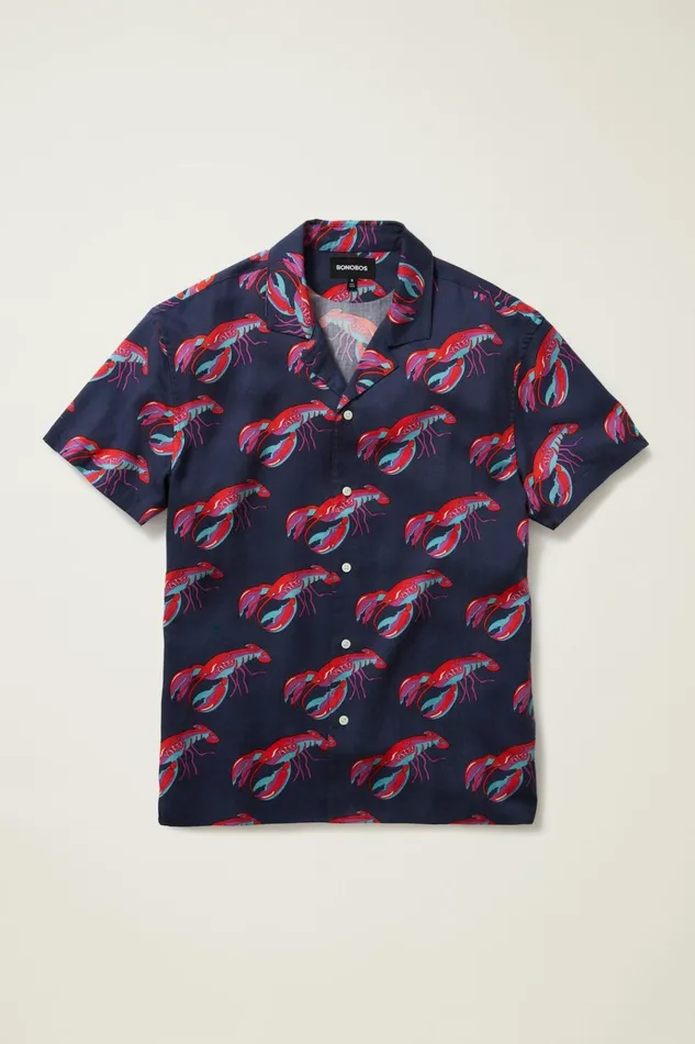 Men Short Sleeve Shirts Bonobos Relaxed Fit Camp Collar Shirt Lobsters On A Roll