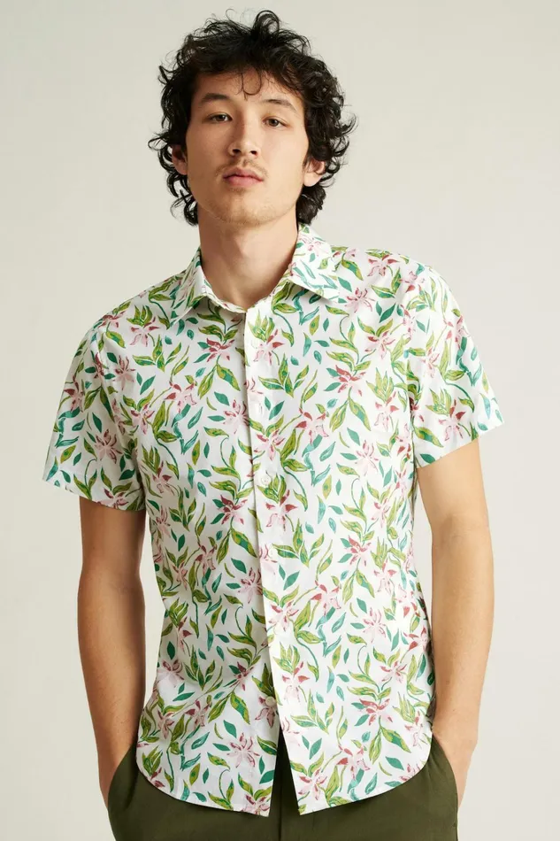 Men Short Sleeve Shirts Bonobos Riviera Short Sleeve Shirt Olive Rose Garden