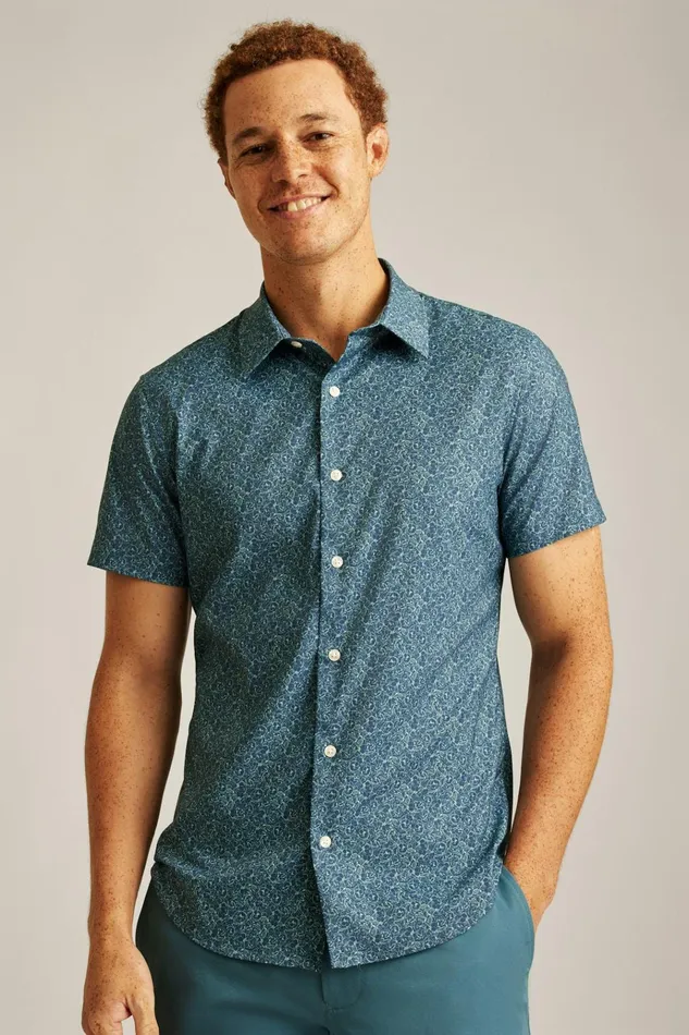 Men Short Sleeve Shirts Bonobos Tech Short Sleeve Shirt Blue Doodle Floral