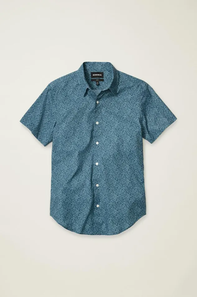 Men Short Sleeve Shirts Bonobos Tech Short Sleeve Shirt Blue Doodle Floral