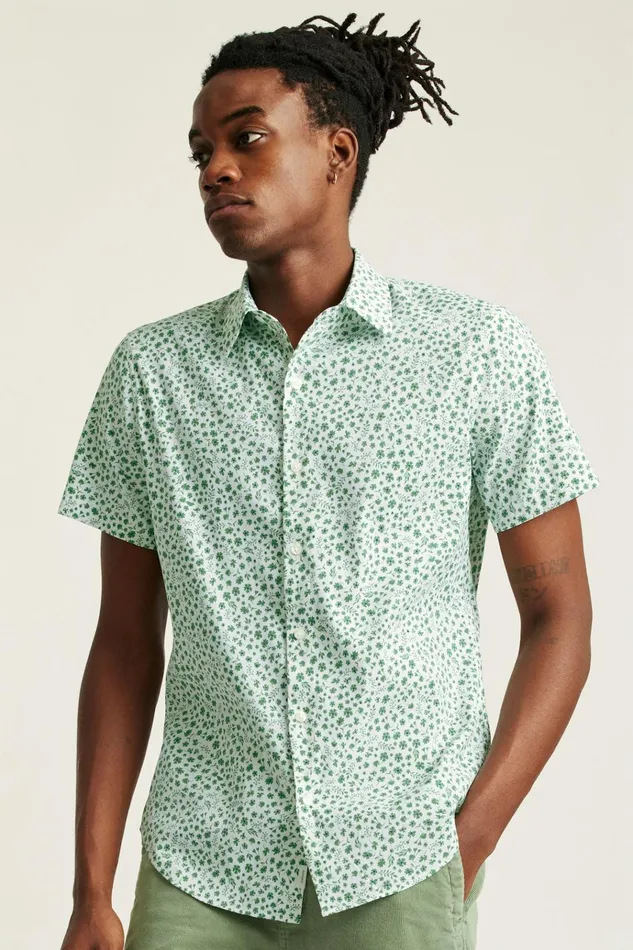 Men Short Sleeve Shirts Bonobos Tech Short Sleeve Shirt Green Floral Scatter