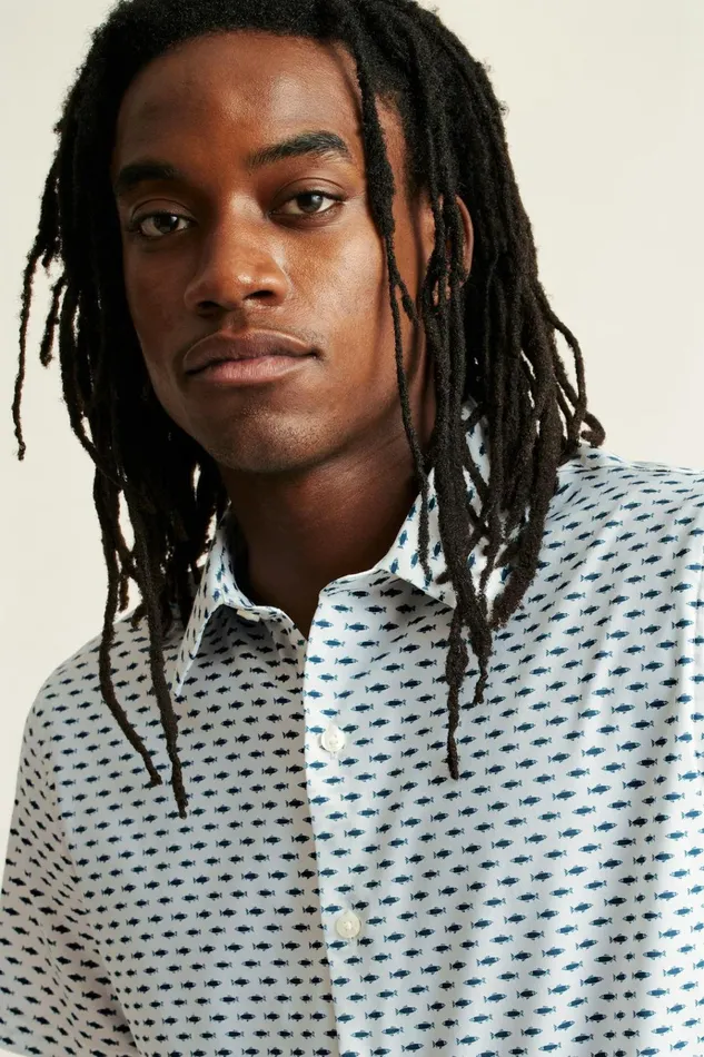 Men Short Sleeve Shirts Bonobos Tech Short Sleeve Shirt Here Fishy Fishy Blue