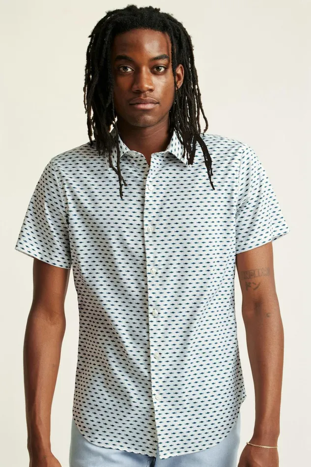 Men Short Sleeve Shirts Bonobos Tech Short Sleeve Shirt Here Fishy Fishy Blue