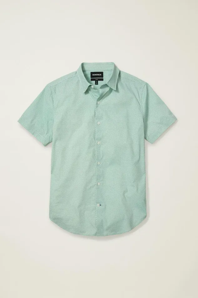 Men Short Sleeve Shirts Bonobos Tech Short Sleeve Shirt Ivy Green Woodlake Geo