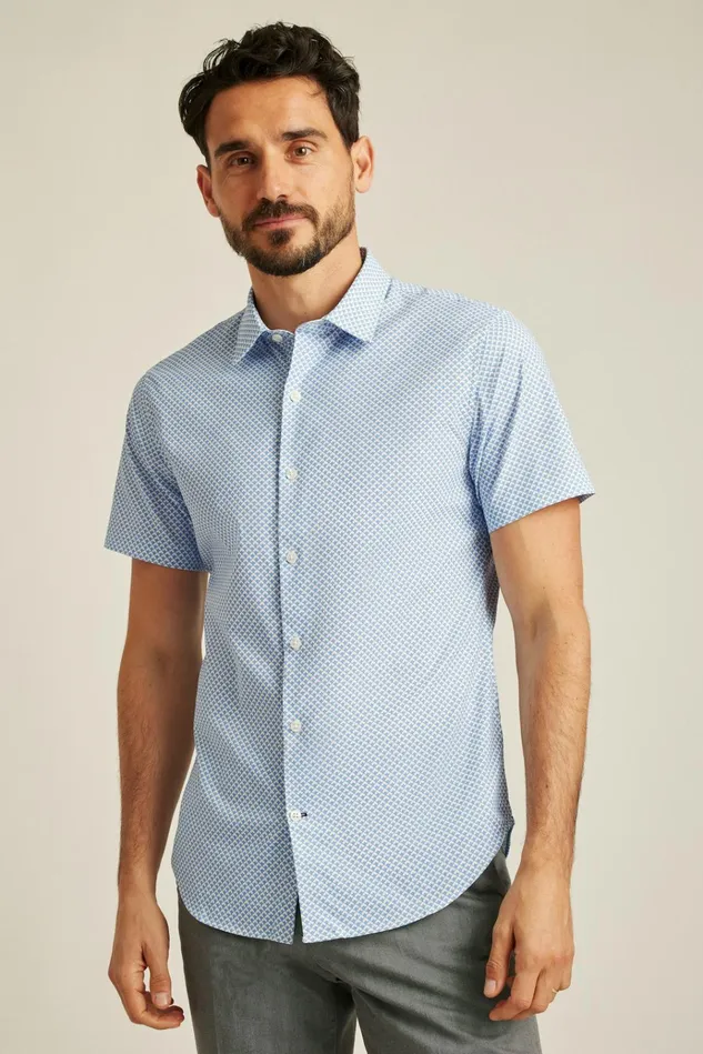 Men Short Sleeve Shirts Bonobos Tech Short Sleeve Shirt Muted Cerulean Blue Geo