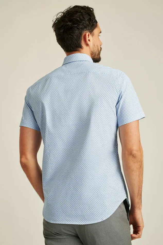 Men Short Sleeve Shirts Bonobos Tech Short Sleeve Shirt Muted Cerulean Blue Geo